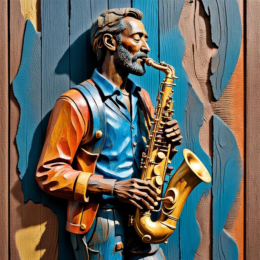 Wood Sculpture of Saxophone Player in Vibrant Colors