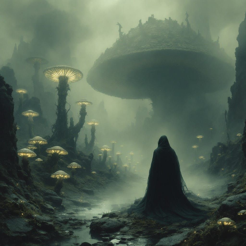 Contemplative Figure Lost in Surreal, Dreamlike Landscape