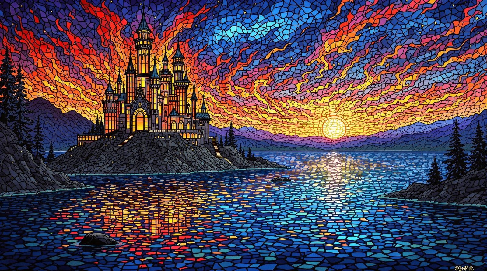 Fantasy Castle in Burning Lake: Stained Glass Mosaic