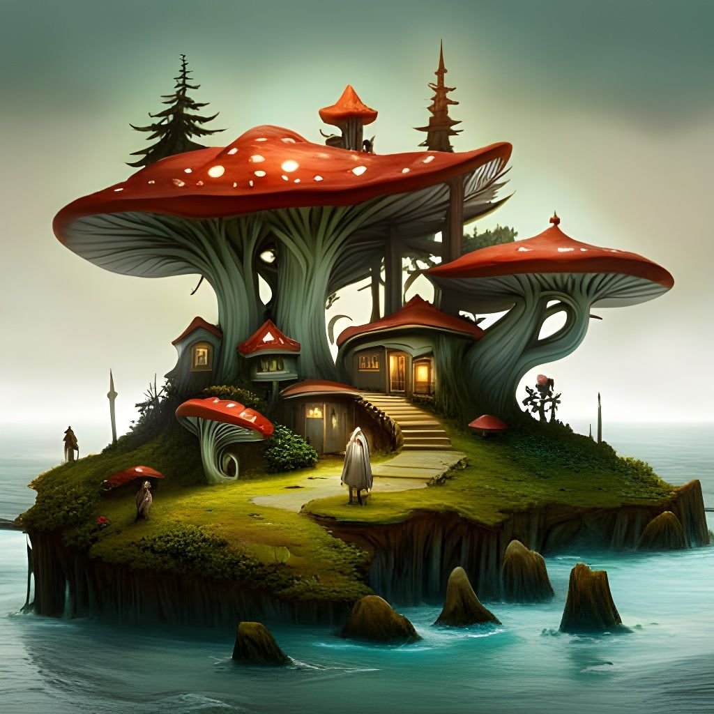 Faerie Houses Carved in Giant Mushrooms, Fantasycore Art