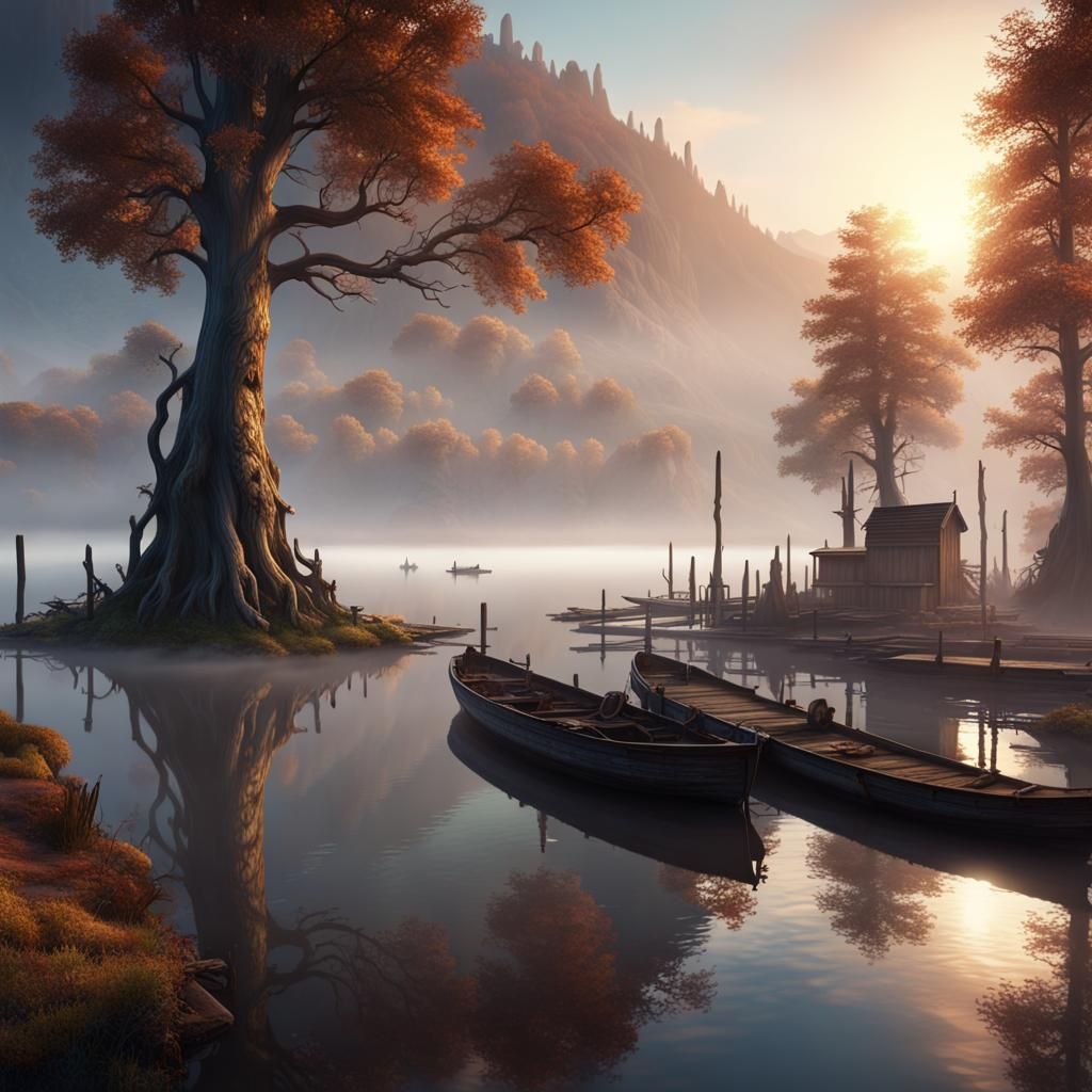 Misty Lake at Dawn: Fantasy Concept Art