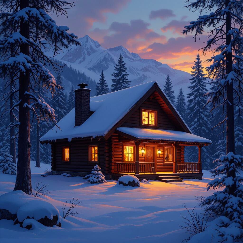 Cozy Cabin in Snowy Twilight Landscape