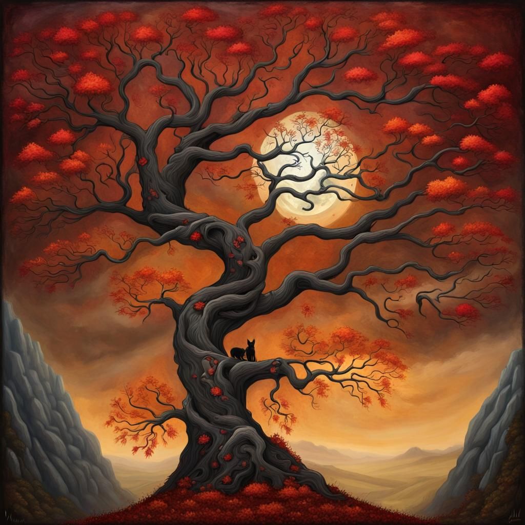 Mythical Creature in Autumn Tree: Surreal Fantasy Art