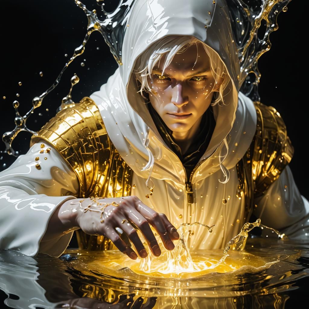 Android Boy Wielding Golden Water: Digital Illustration