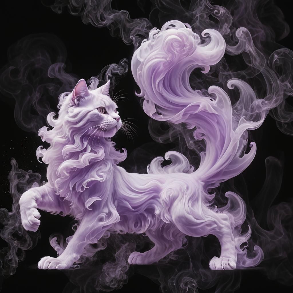 Ethereal Purple Smoke Cat in Dynamic Pose