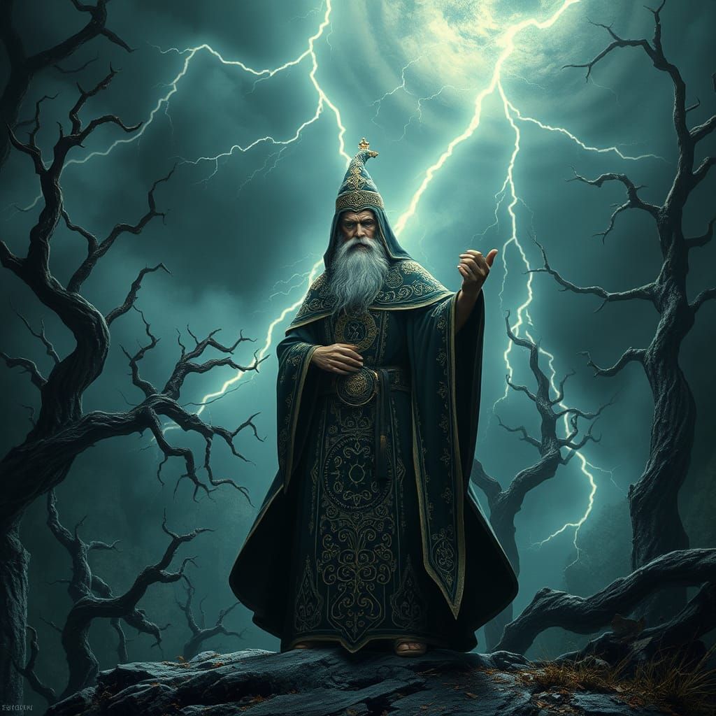 Mystical Wizard in Primeval Forest, Surreal Digital Art