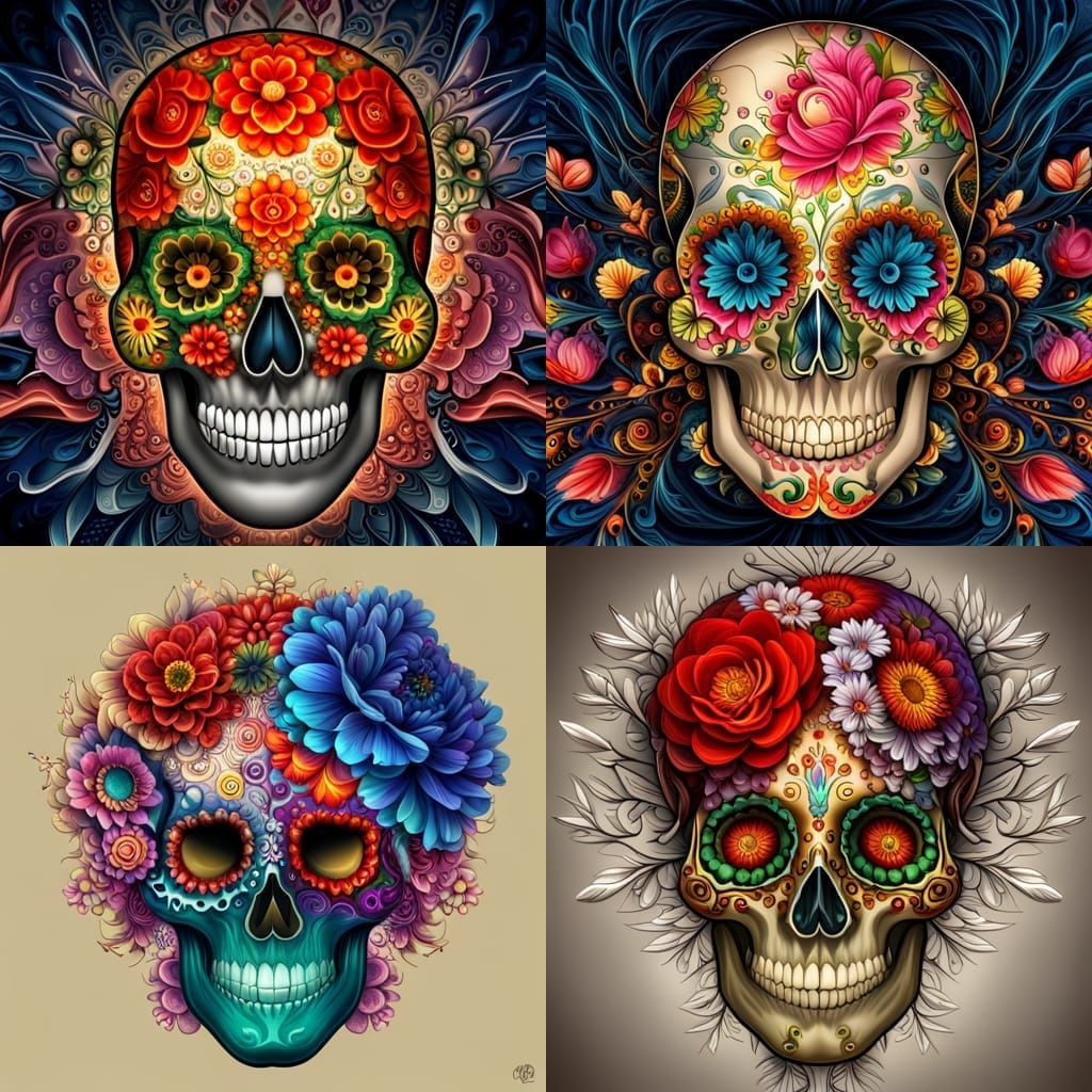 Floral Skull: Dia de los Muertos in Cyberpunk Style