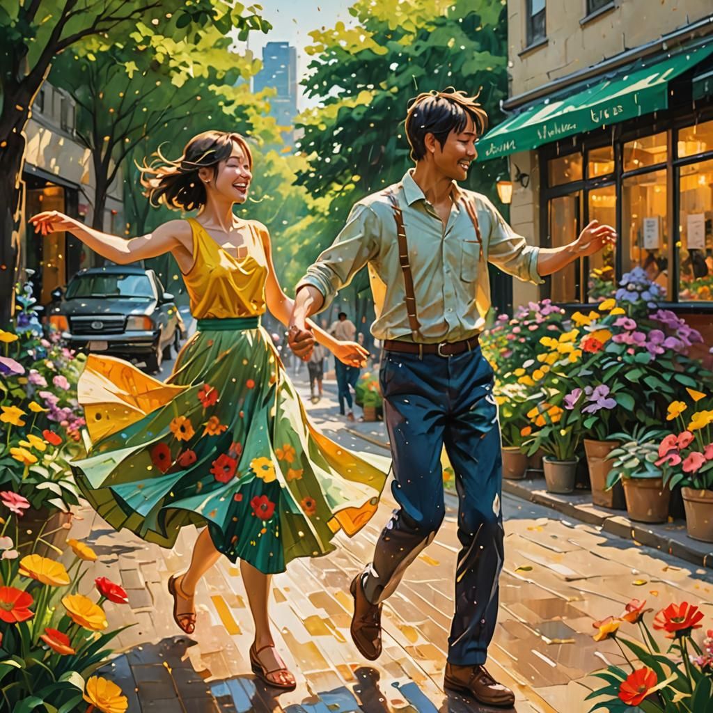 Romantic Dance in Rainy Sunlight: Impressionistic Art