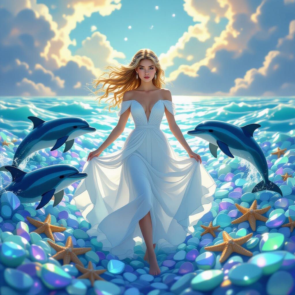 Woman on Gemstone Sea in Dreamlike Horizon
