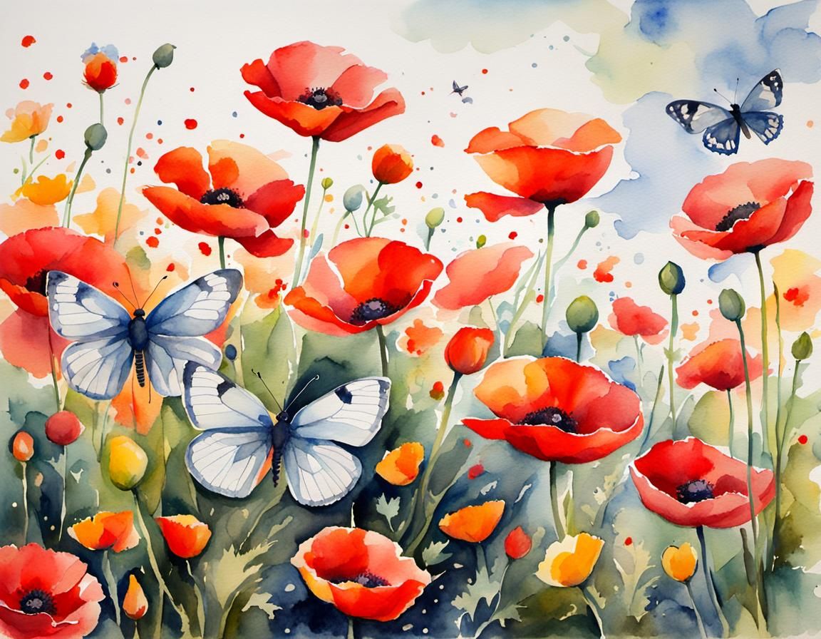 Watercolor Poppies and Butterflies in a Field