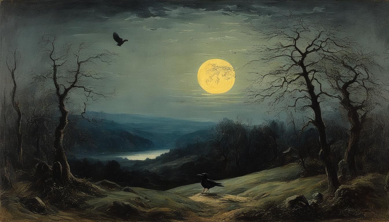 Gothic Landscape with Raven and Moonlight, 1890s Style