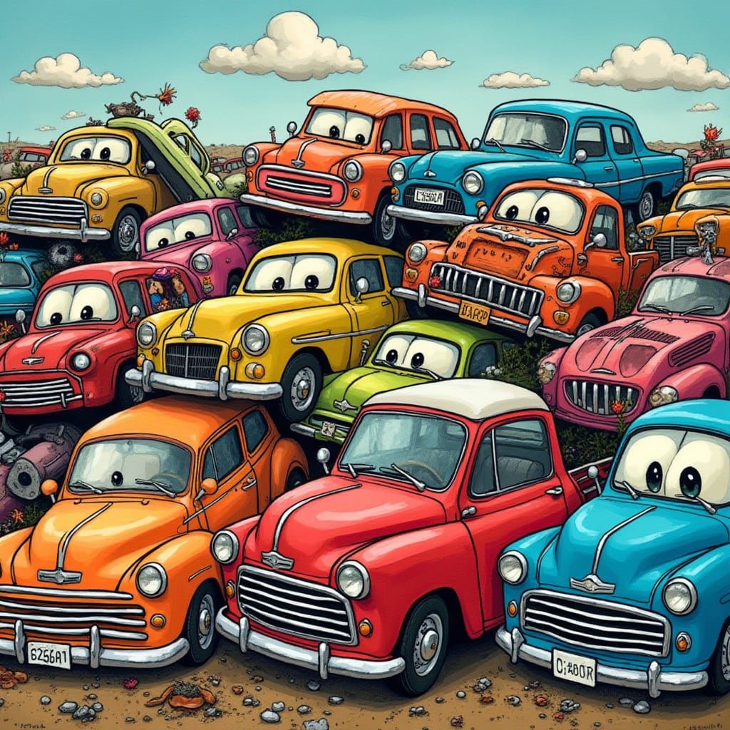 Whimsical Car Junkyard Art in Fantastical Style