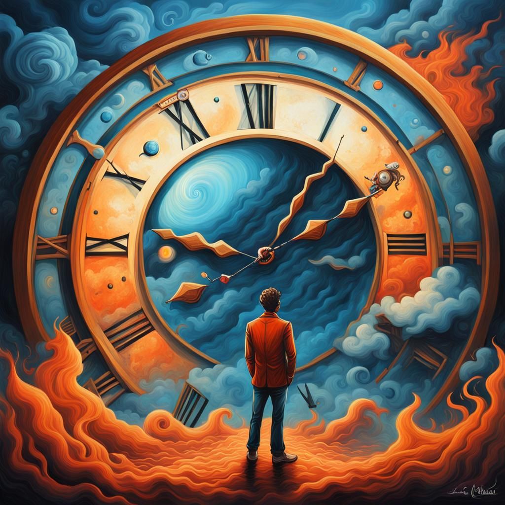 Surrealist Man and Clock Painting in Liquid Clouds