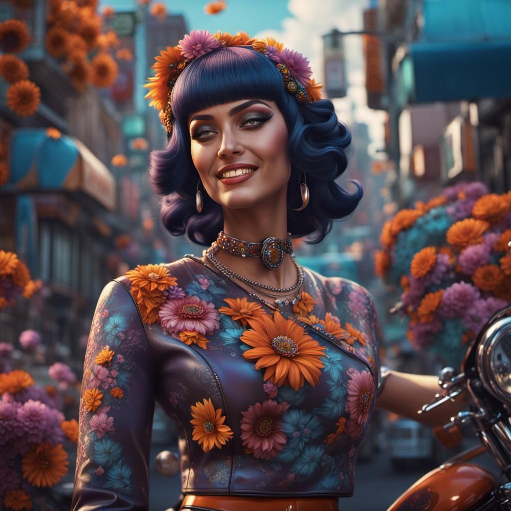 Groovy 60s Girl on Harley Davidson, Detailed Digital Paintin...