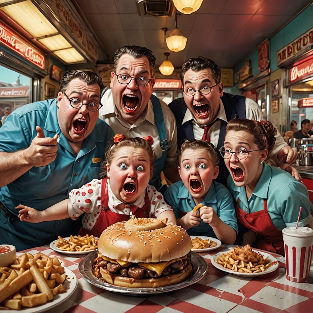 Grotesque 1950s Family Food Fight: Detailed Digital Art