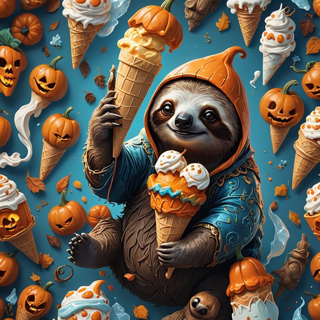 Whimsical Sloth Holds Glowing Pumpkin Ice Cream