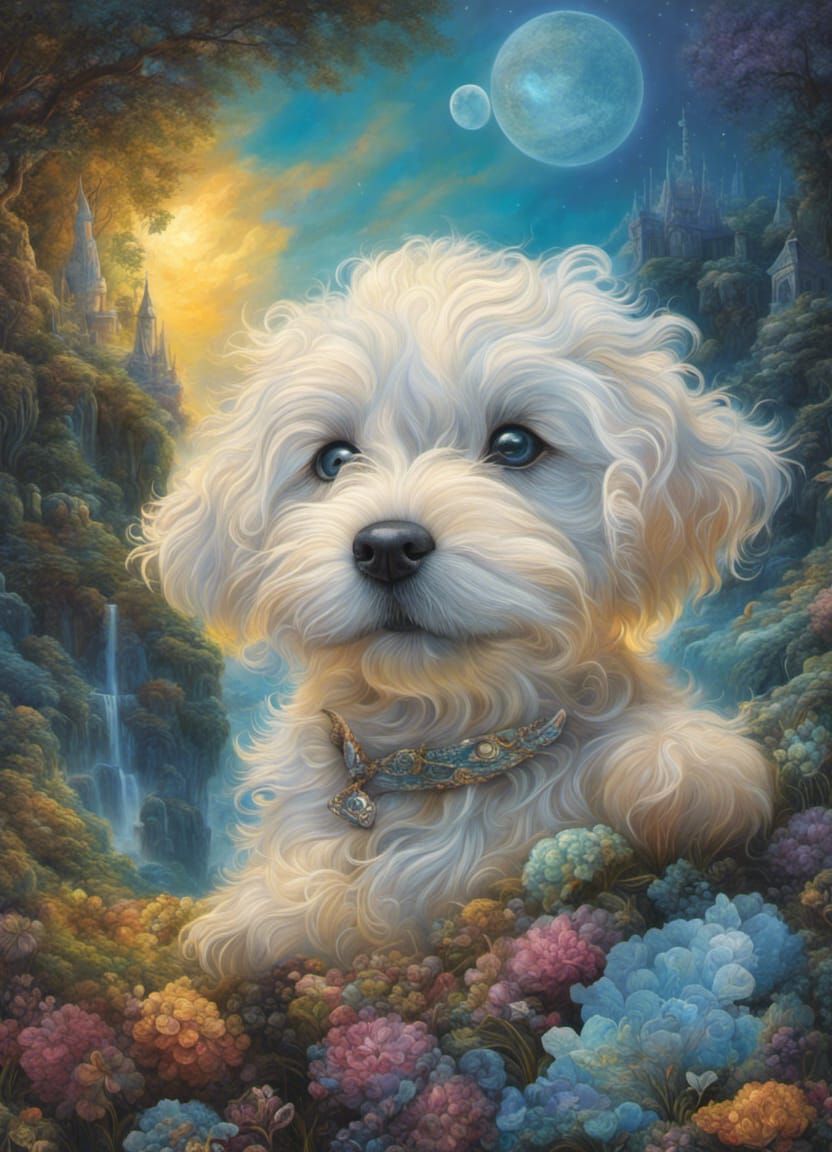 Mystical Puppy in Detailed Surreal Oil Painting
