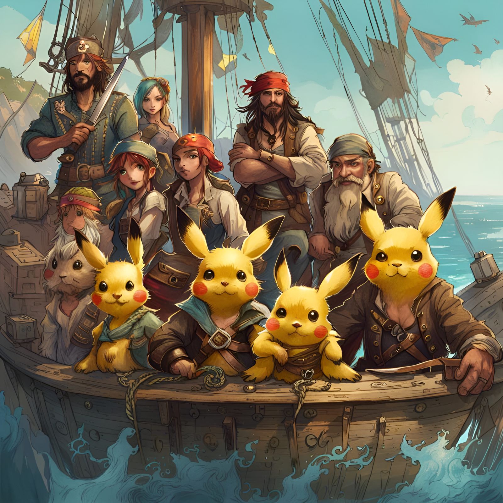 Pikachu Pirate Crew Portrait in Pixar Style