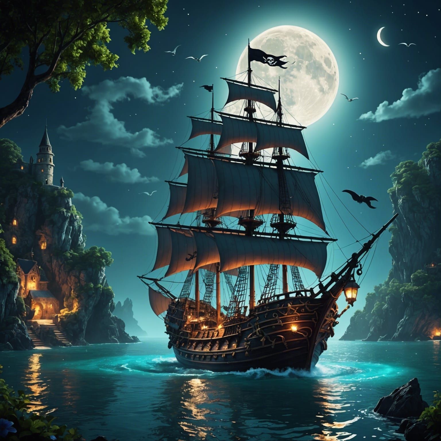 Mystical Pirate Ship Voyage Under Full Moon