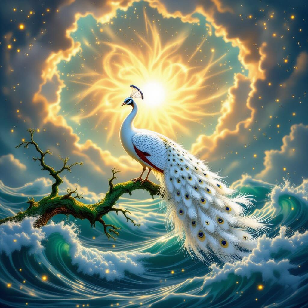 Surreal White Peacock Above Turbulent Waves