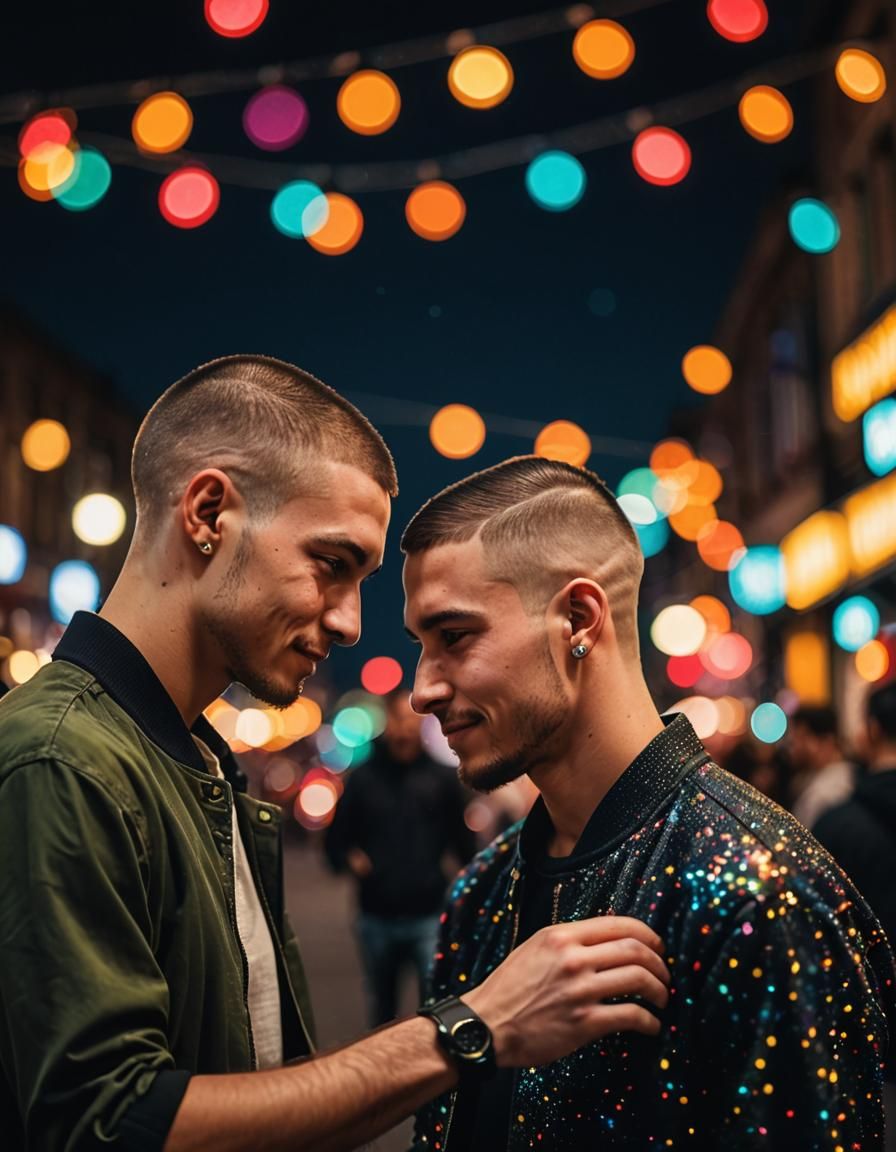 Romantic Dance: Two Men in Dark, Colorful Night
