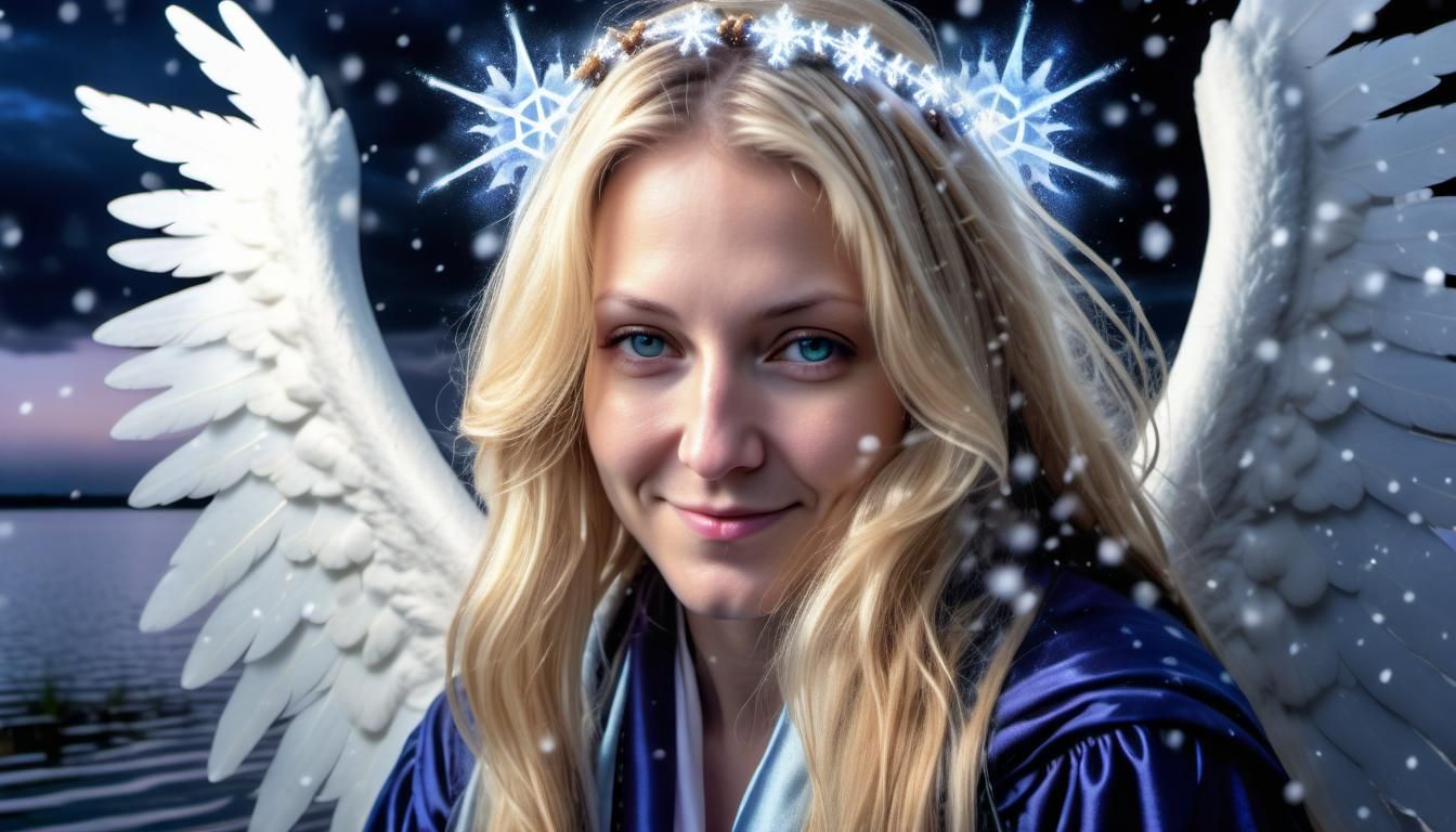 Radiant Angel Kneeling on Snowy Lake Shore