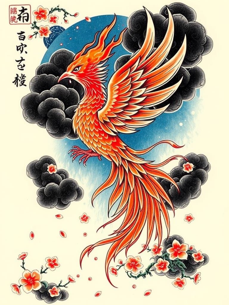 Japanese Phoenix Tattoo Design in Sumi-E Style