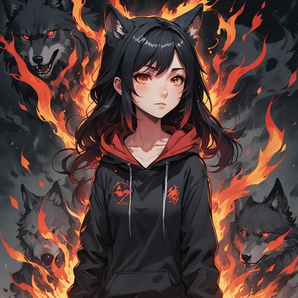 Anime Wolf Girl with Fiery Aura