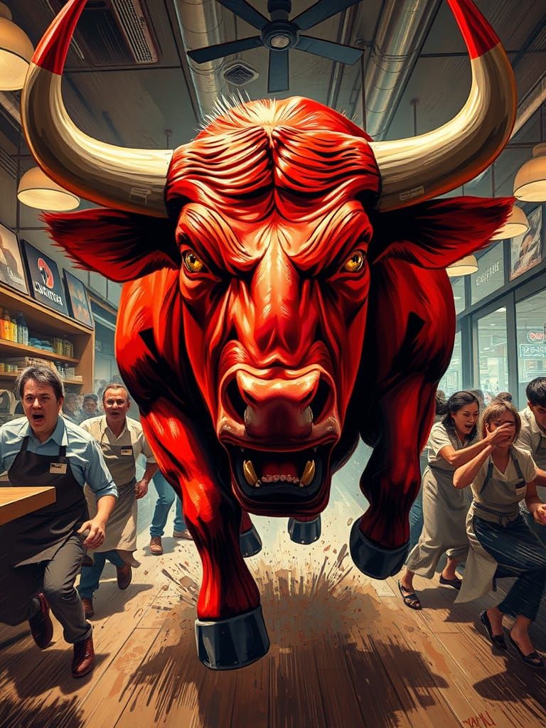 Enraged Bull Charges Through Coffee Shop