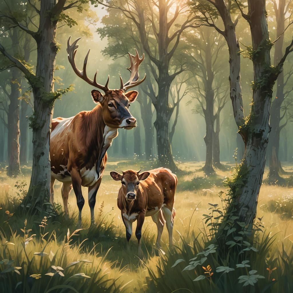 Cow with Antlers in Sunny Meadow Illustration