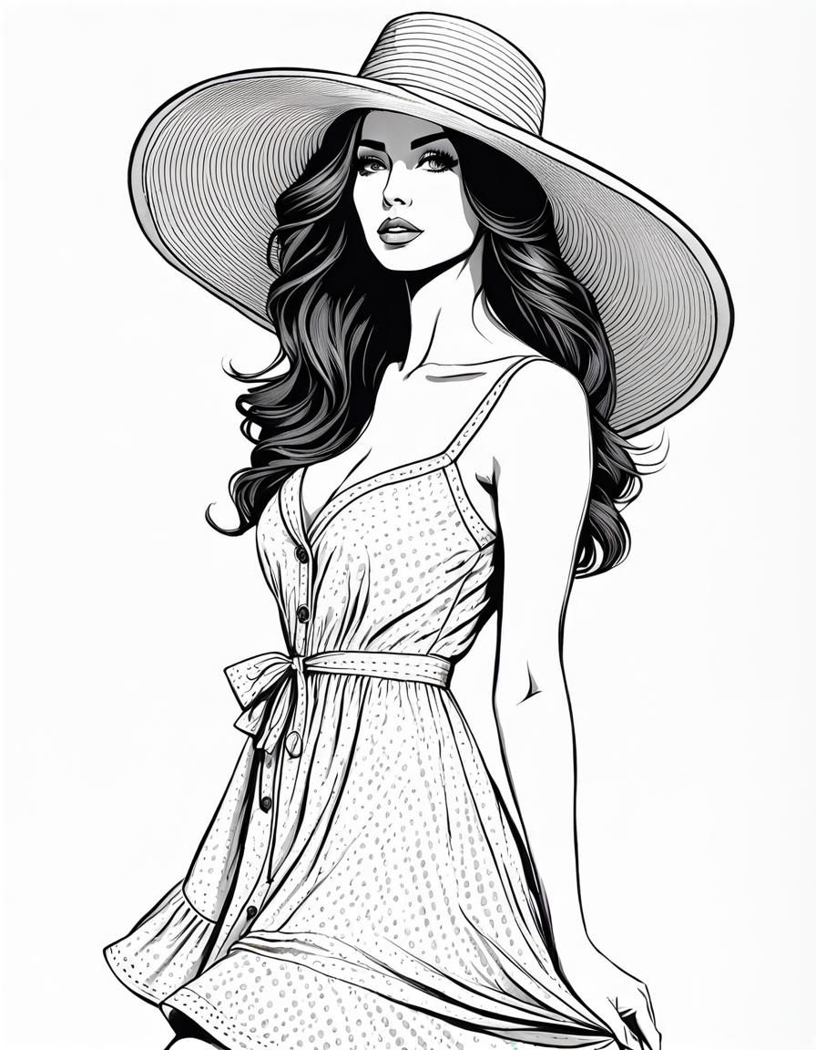 Line Art of Brunette in Summer Dress