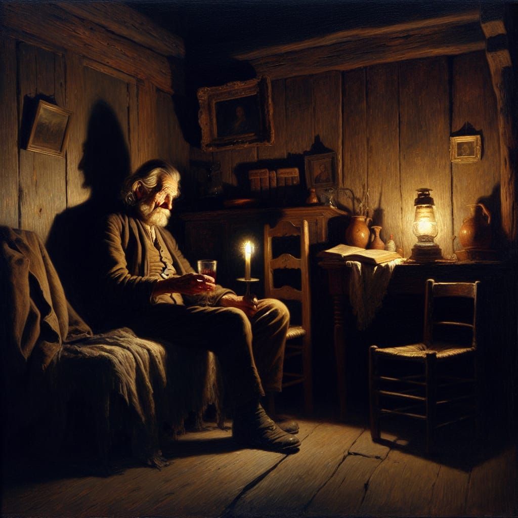 Contemplative Man in Candlelight: Symbolism Oil Painting