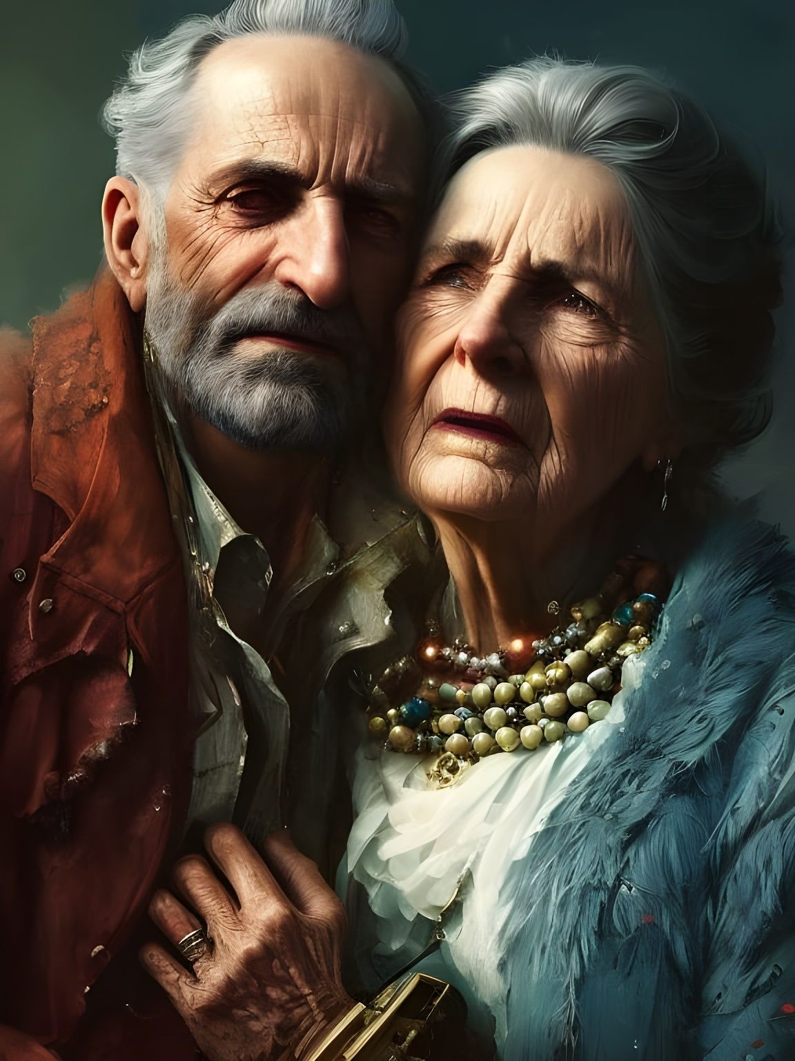 Emotional Portrait of Elderly Couple Crying Together