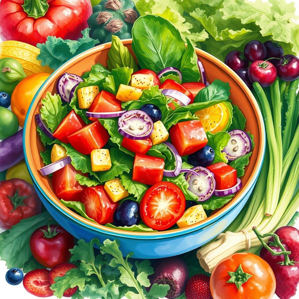 Vibrant Salad Bowl: Digital Painting with Lush Ingredients