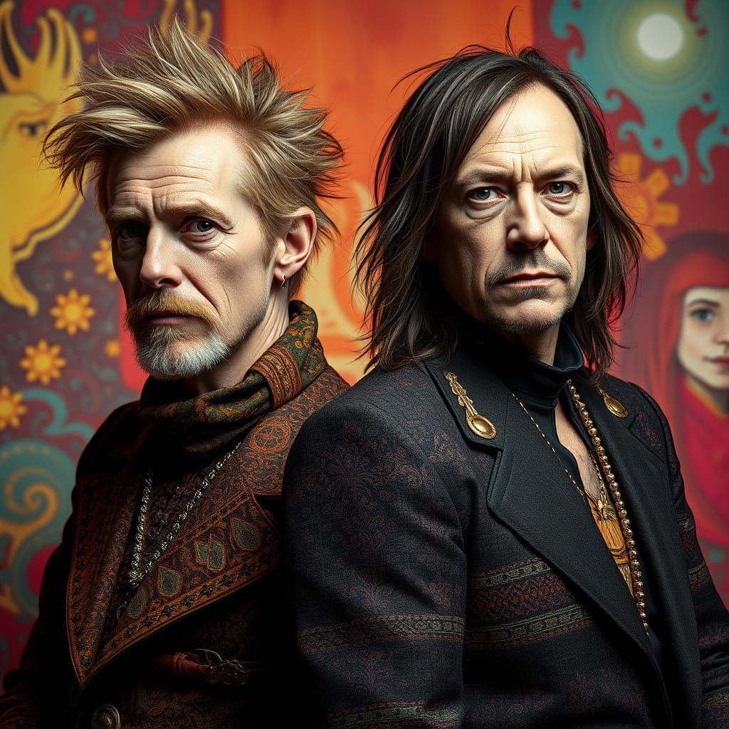 Hyperrealistic Duo Portrait in Vibrant, Textured Clothing