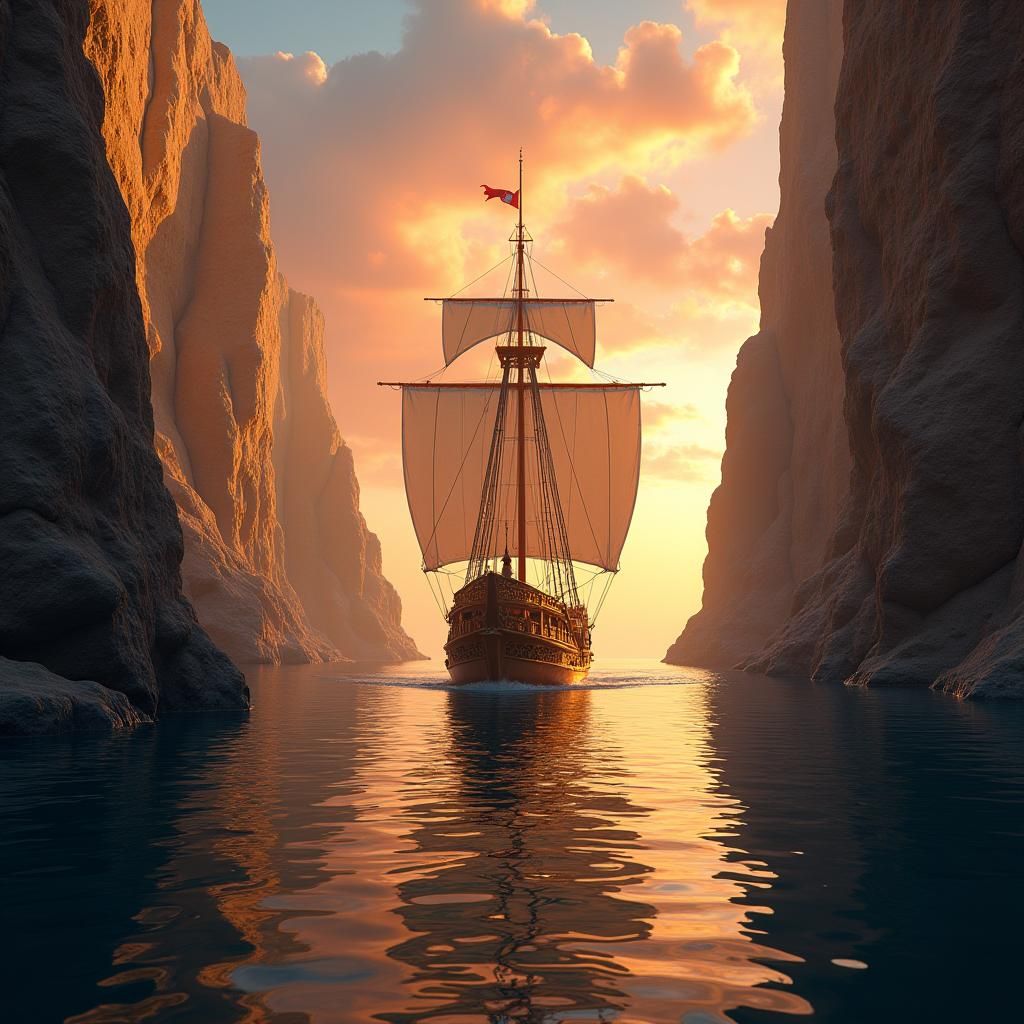 Golden Ship Navigates a Sunset Canyon