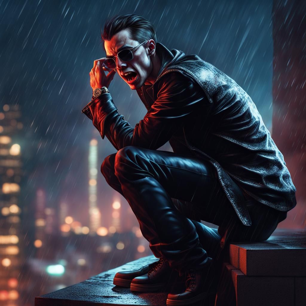 Hyperrealistic Vampire Watching Rainy City