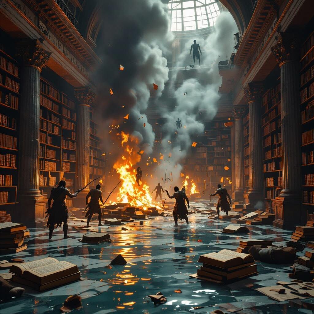 Burning Ancient Library with Floating Books