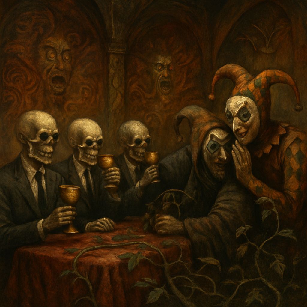 Grotesque Banquet of Skeletal Businessmen