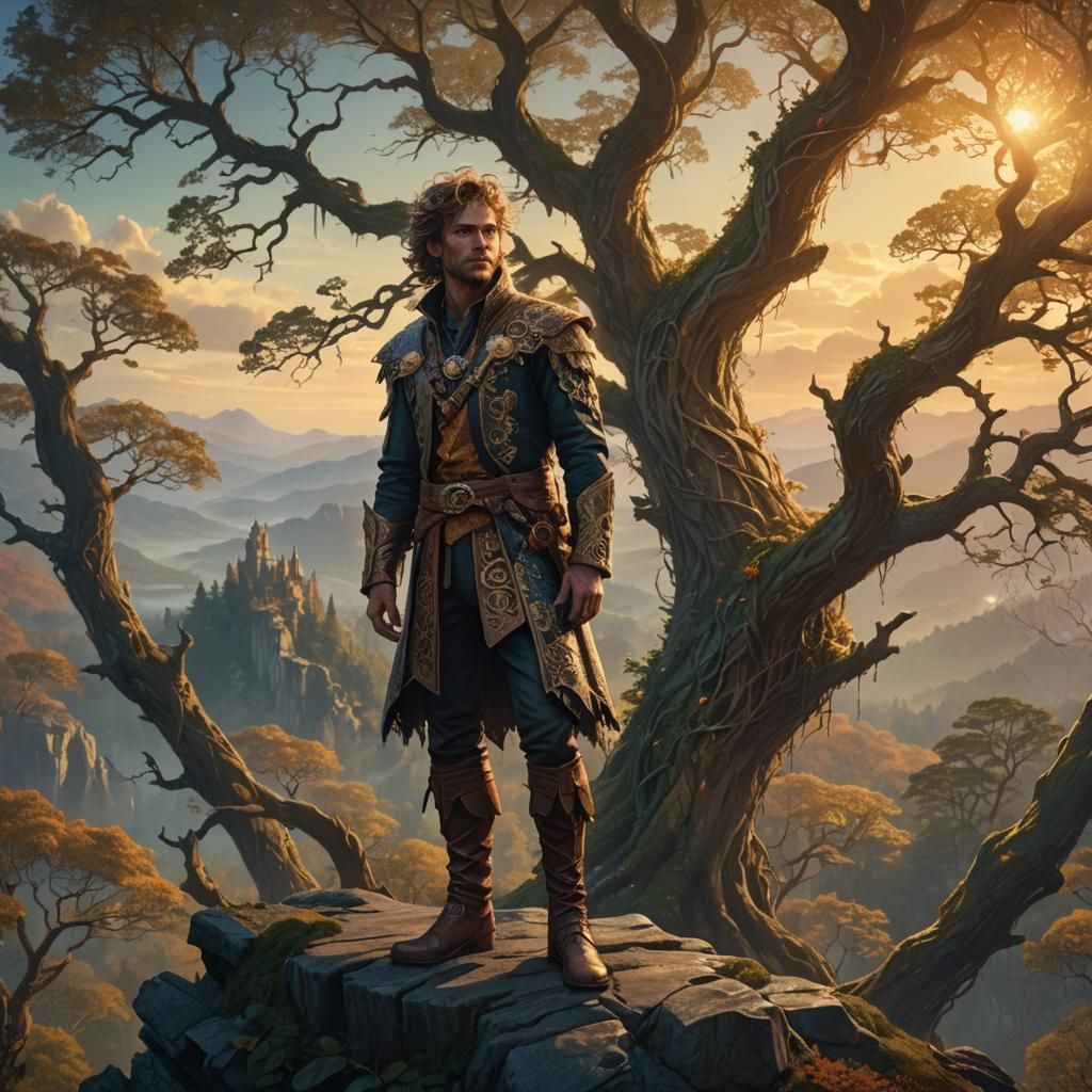 Man Overlooking Mystical Forest in Golden Hour Light