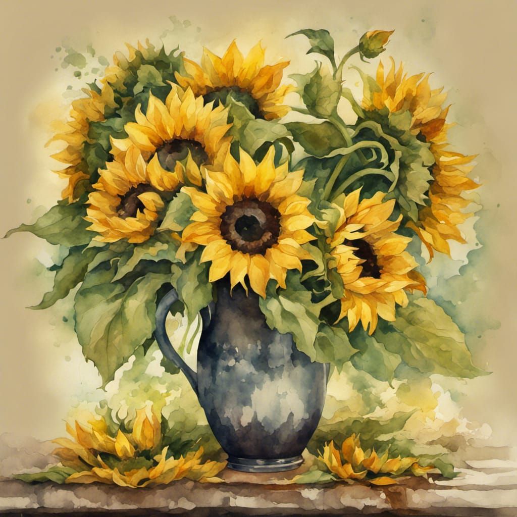Vase of Sunflowers in Watercolour Style