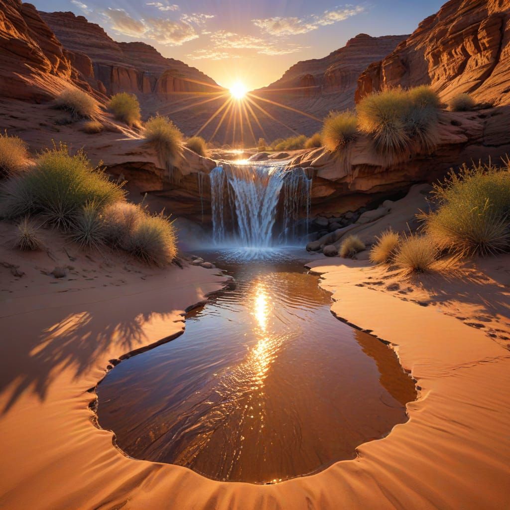 Reflective Waterfall in Sandy Desert at Sunset
