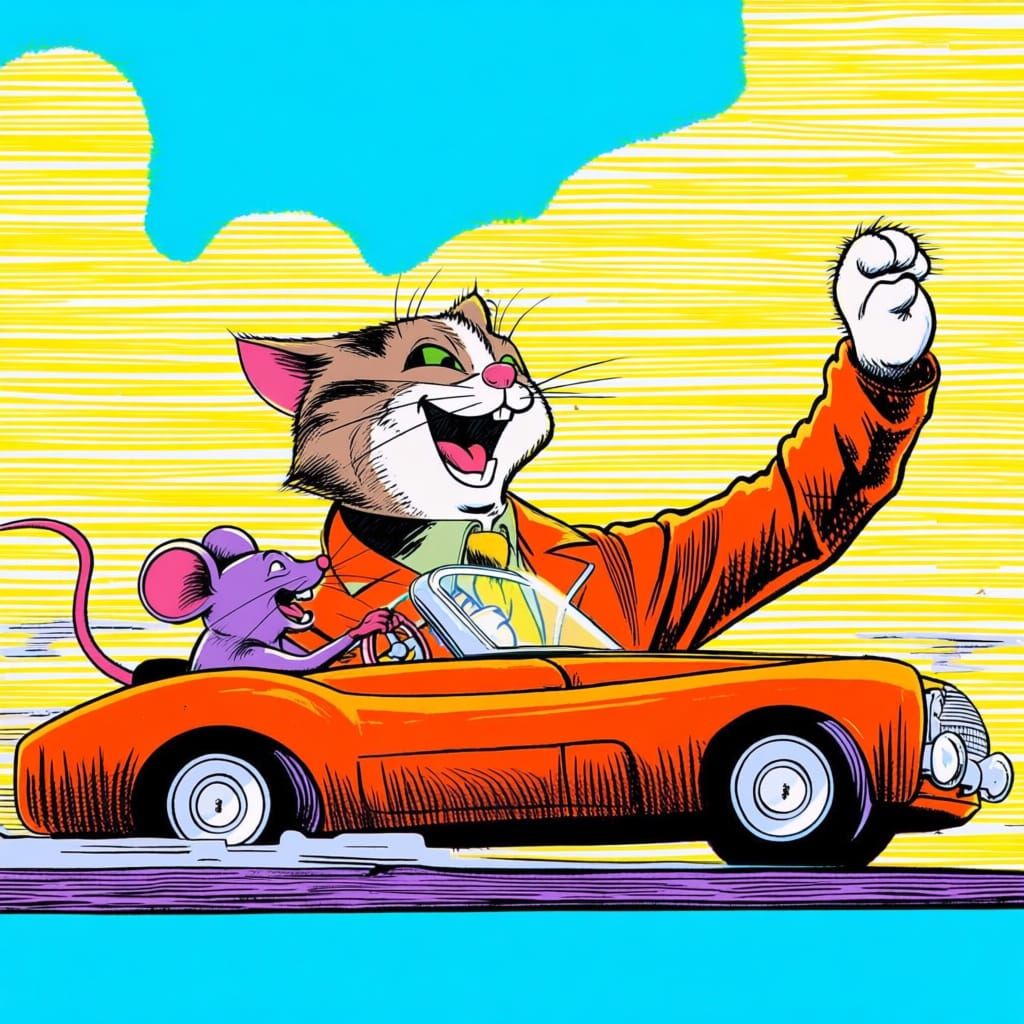 Cat and Mouse Drive Convertible, Laughing, 1970s Pulp Style