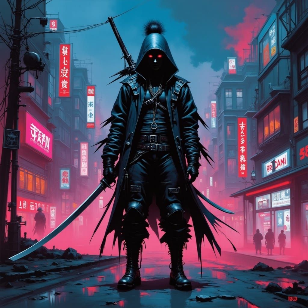 Cyberpunk Samurai on Neon Rooftop in Goth-Punk Style