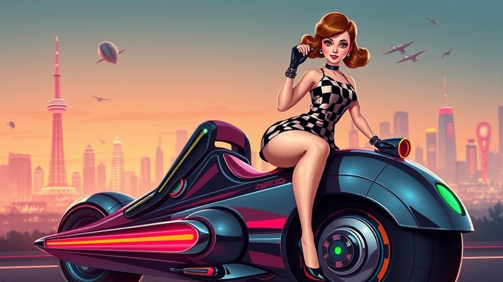 Retro Futuristic Pin-Up Robot Girl in Chrome Vehicle