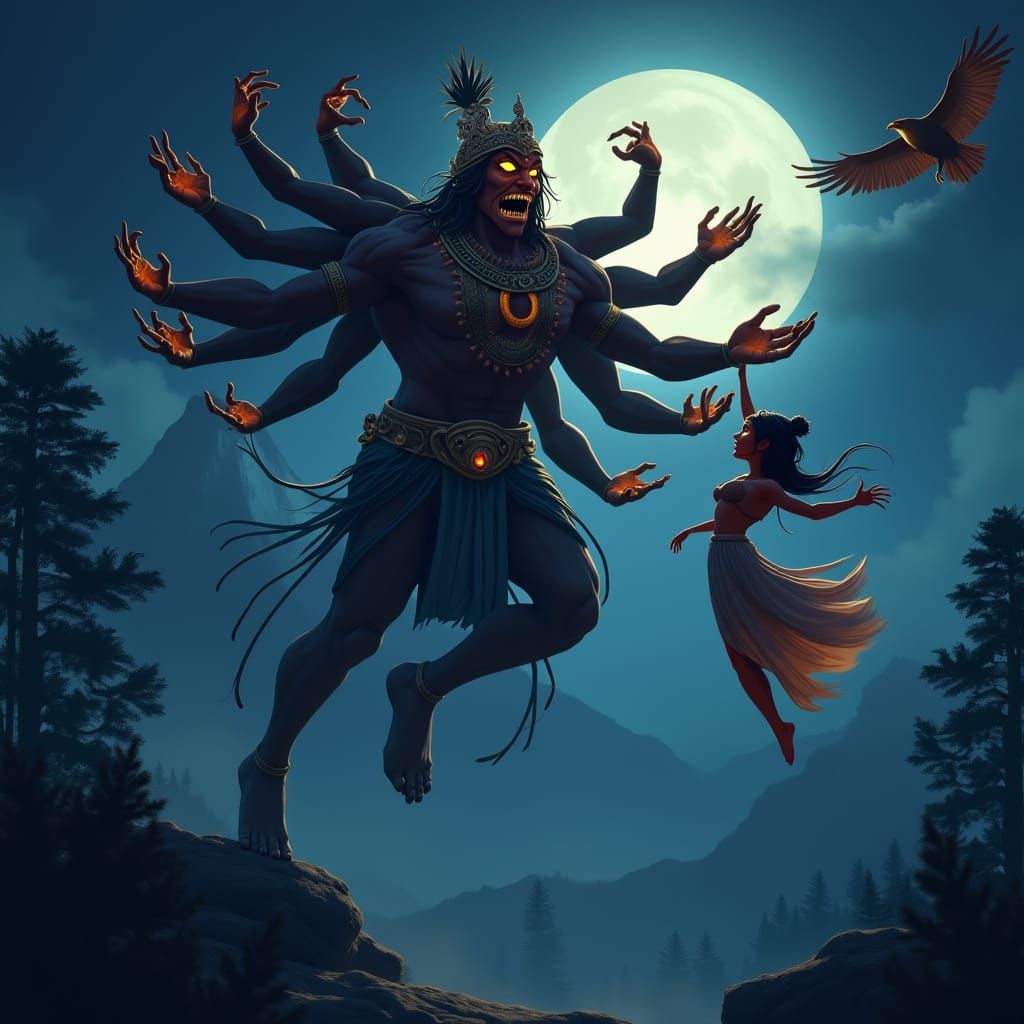 Dramatic Night Scene: Ravana Abducts Sita in Vibrant 3D Cart...