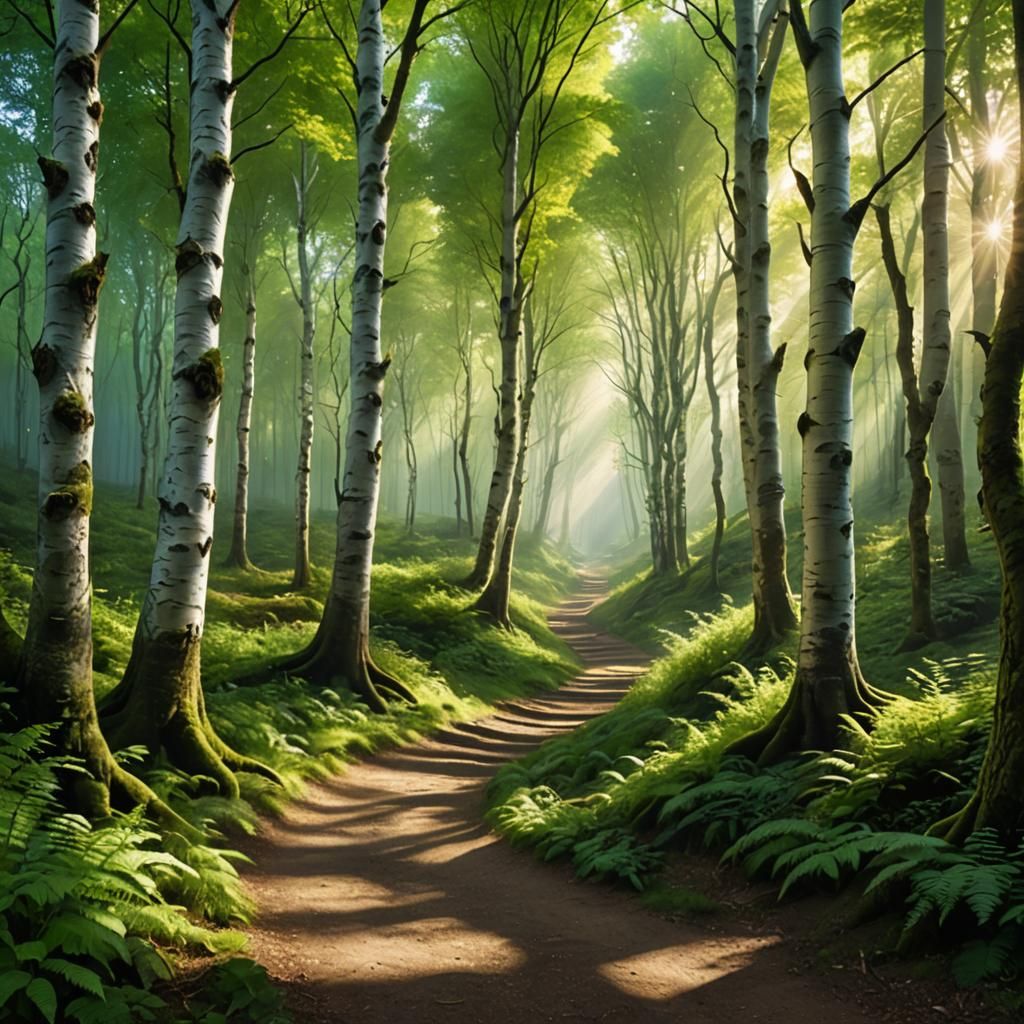 Enchanted Forest Path with Sunbeams, Impasto Painting