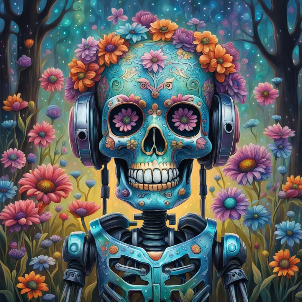 Sugar Skull Robot in Enchanted Meadow