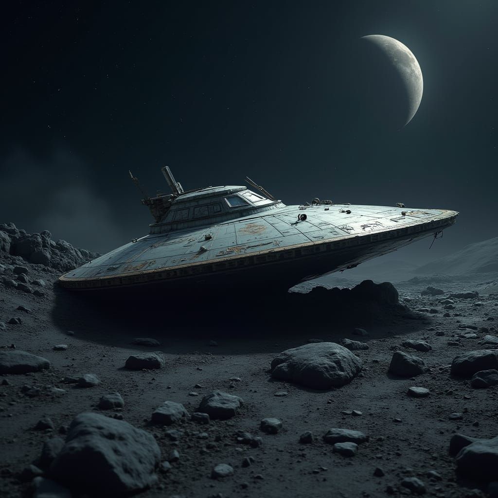 Crashed Starship in Rocky Landscape Under Night Sky