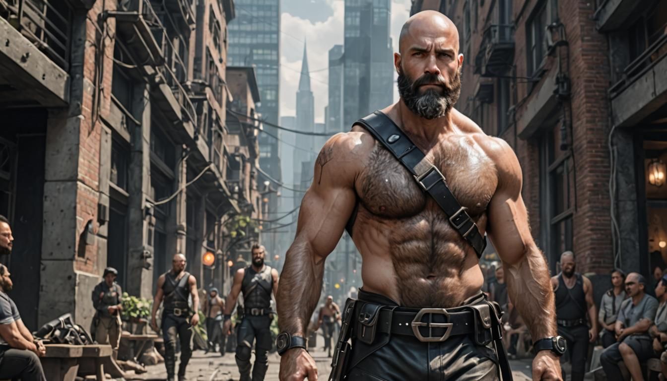 Hyperrealistic Hairy Chested Hero in Silver and Leather